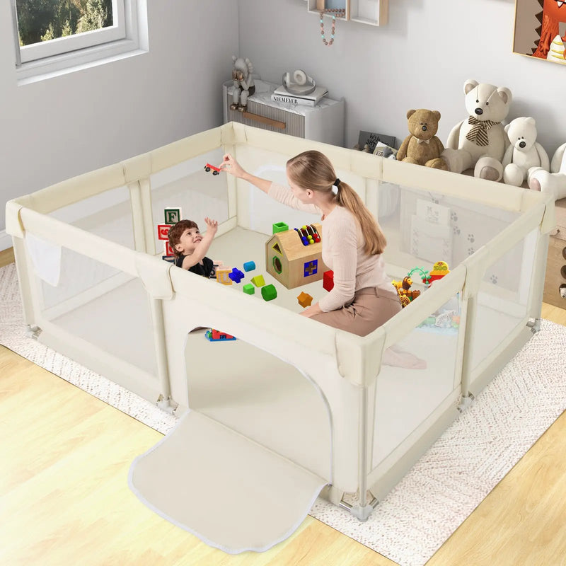 75 x 59 Inch Large Baby Playpen with Breathable Mesh and Zipper Doors-Beige by DirectDeals