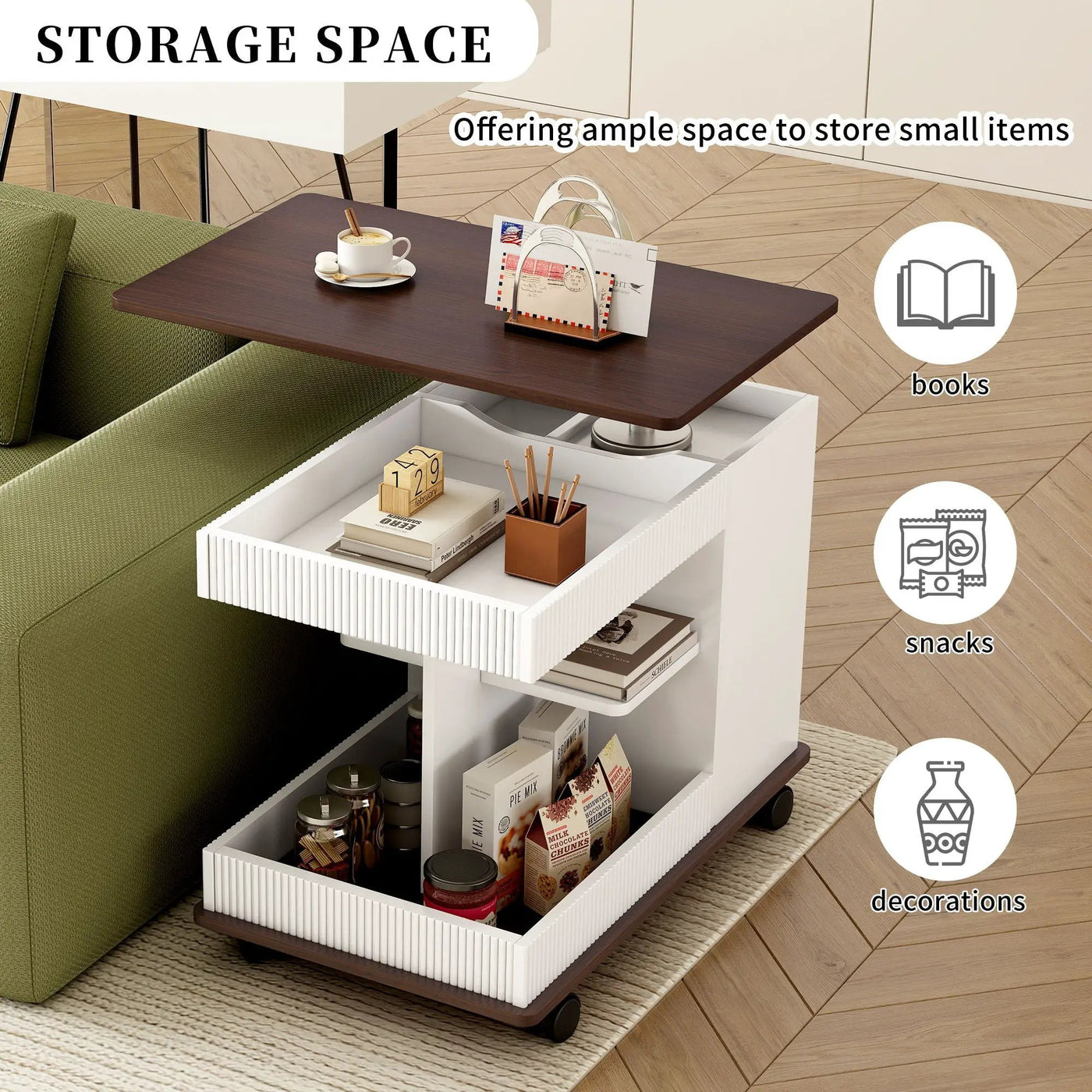Adjustable End Table With Wheels, 360°Rotating Top And Storage Space by HouseOfZazla