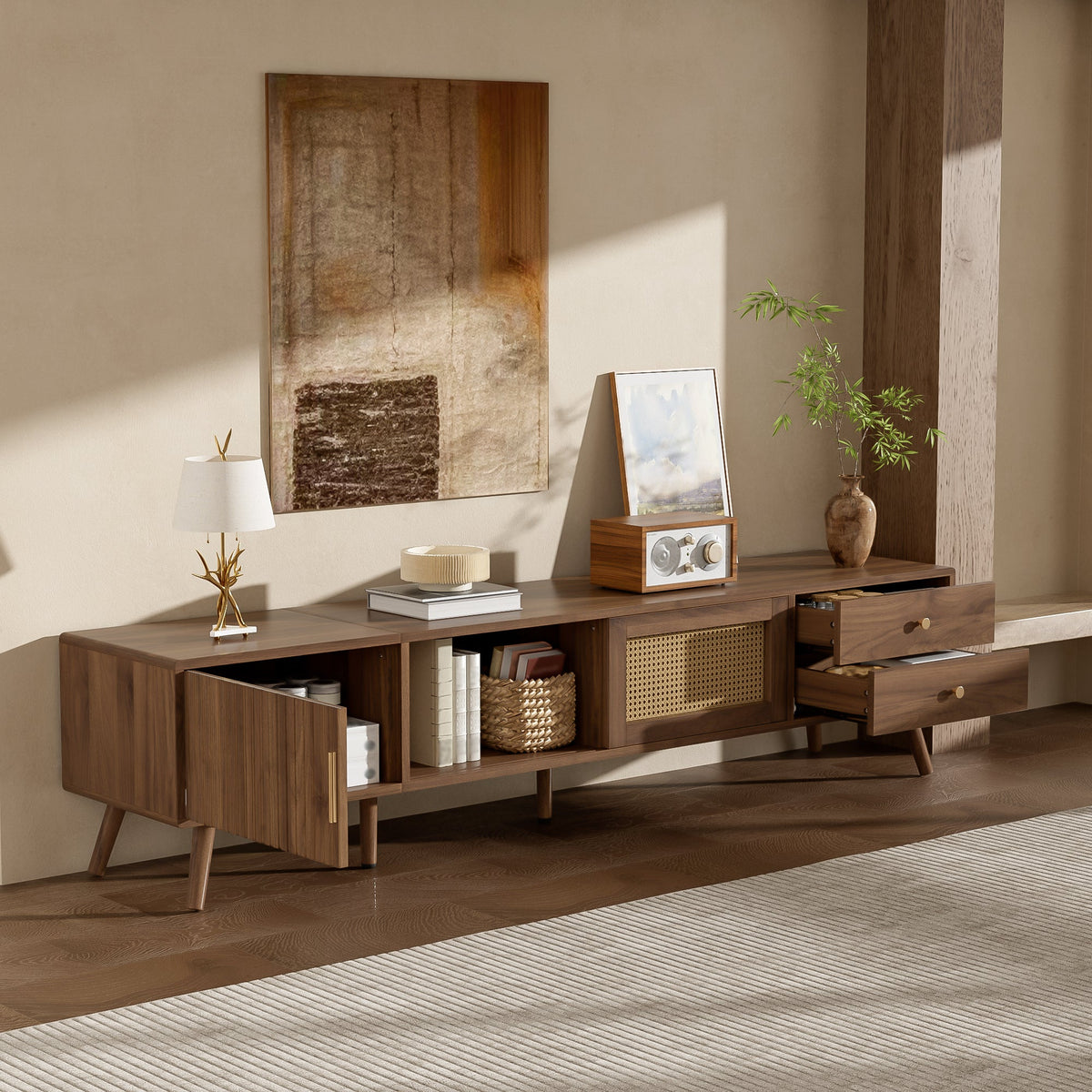 76" Modern Rattan Doors TV Stand with Storage - Neutral, photo 2 of 10