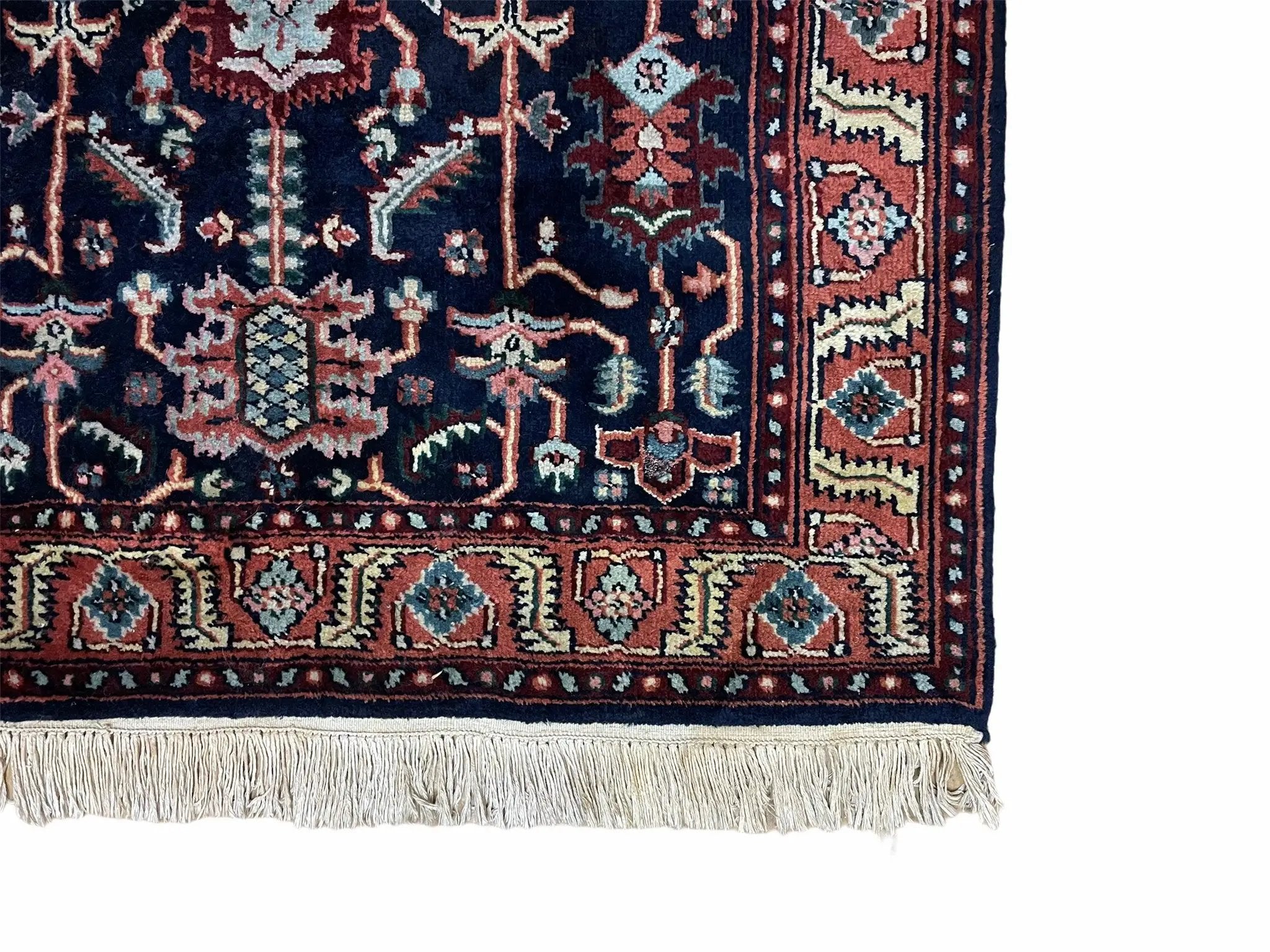 4x6 Vintage Handmade Wool Geometric Rug Organic Dyes Blue Red Hand-Knotted Rug by Jewel Rugs