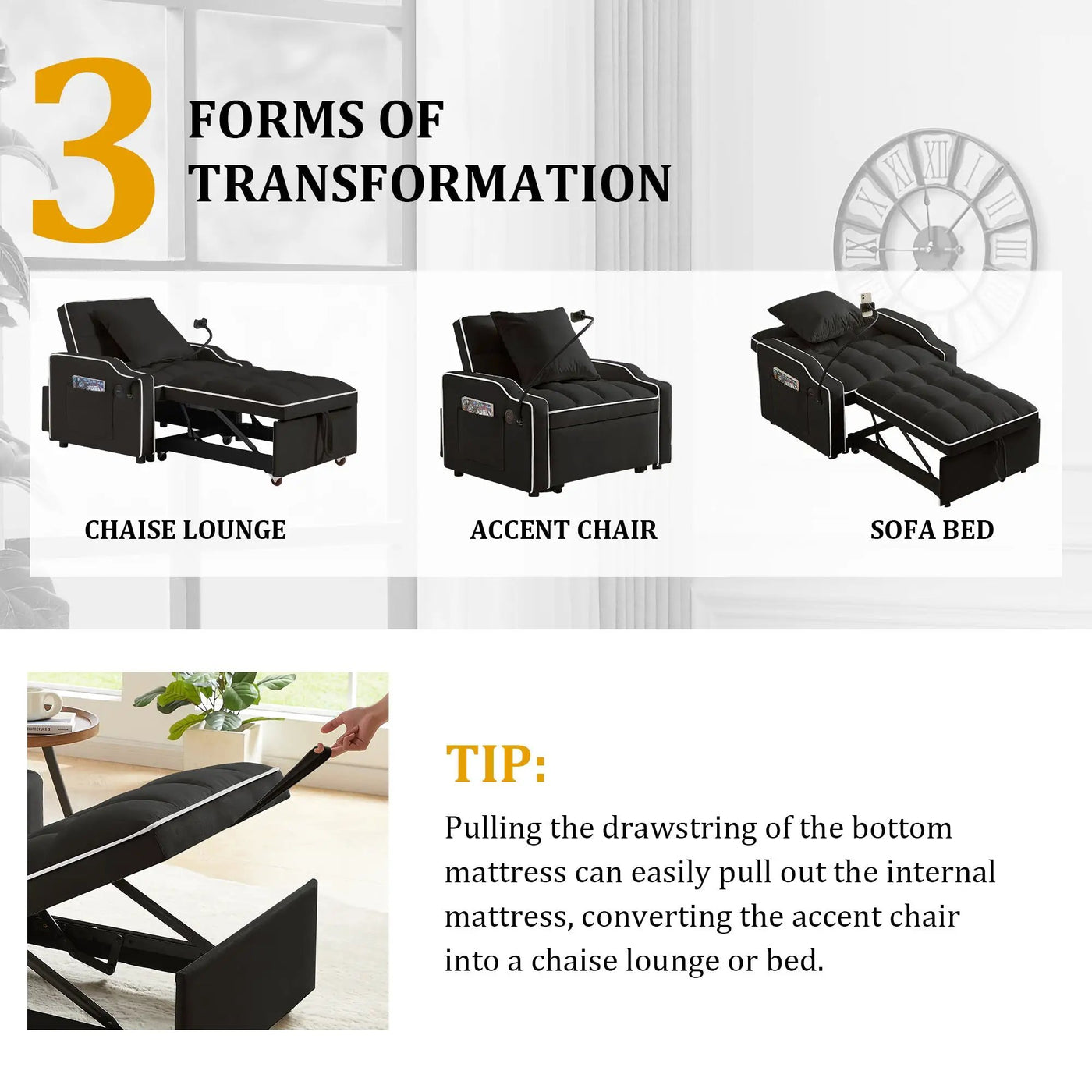 Sleeper Sofa Chair Bed - 3 In 1 Convertible Sofa by HouseOfZazla