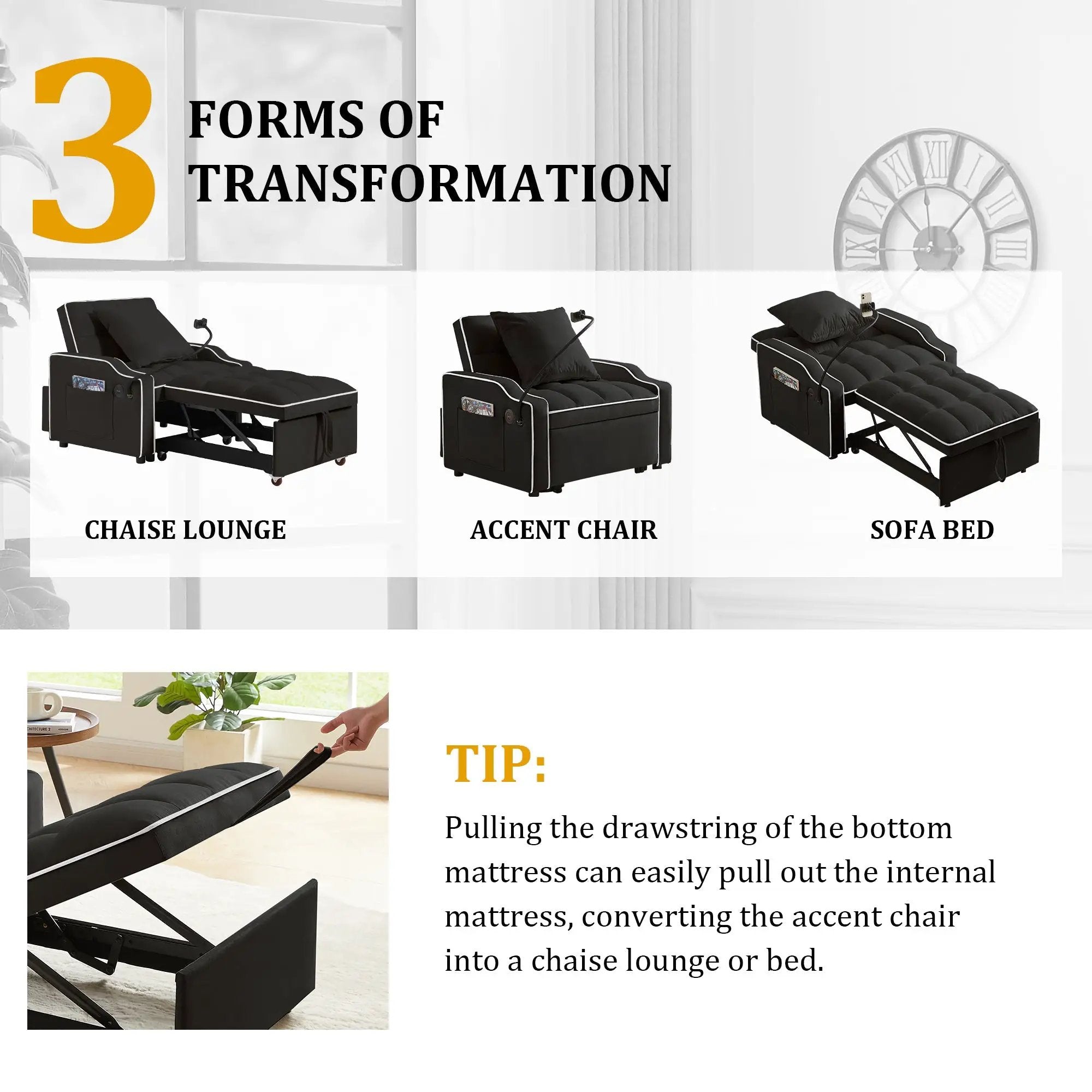 Sleeper Sofa Chair Bed - 3 In 1 Convertible Sofa by HouseOfZazla