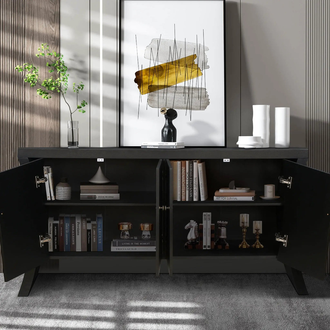 Refined Industrial 4 Door Credenza With Arc Legs & Clasps by HouseOfZazla