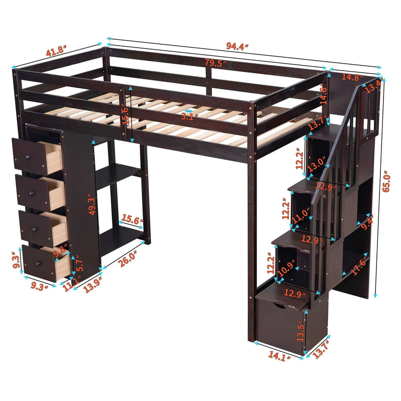 Loft Bed With Storage Drawers And Stairs With Shelves