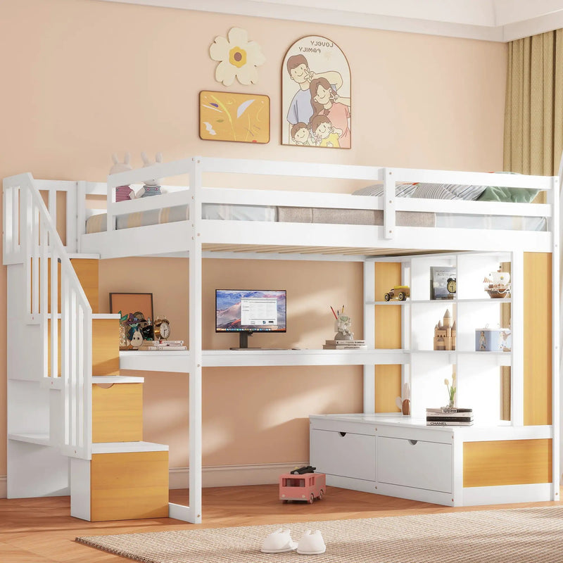 Full Size Loft Bed With Desk And Shelves, 2 Built In Drawers, Storage Staircase - Natural / White by Unique Piece Furniture