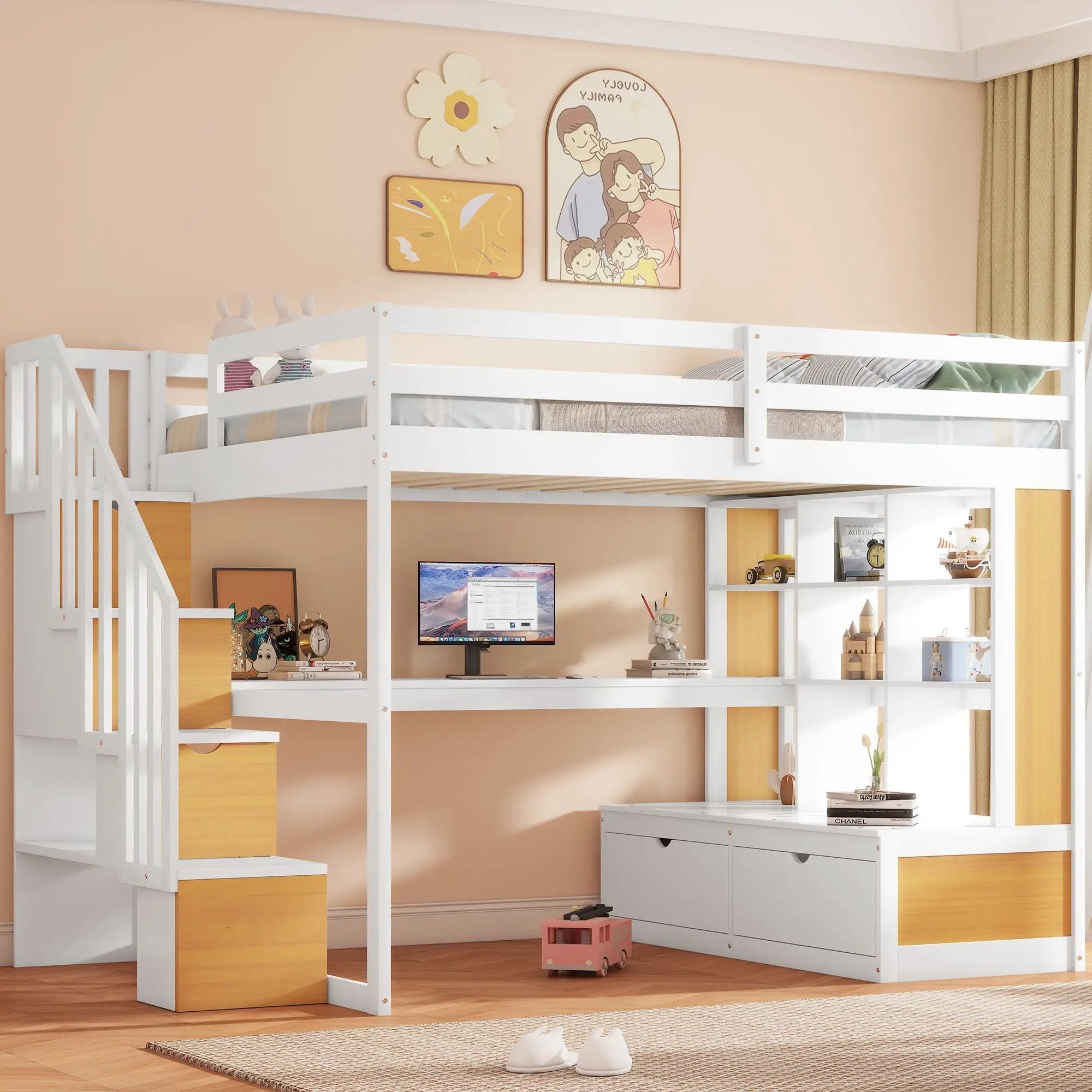 Full Size Loft Bed With Desk And Shelves, 2 Built In Drawers, Storage Staircase - Natural / White by HouseOfZazla