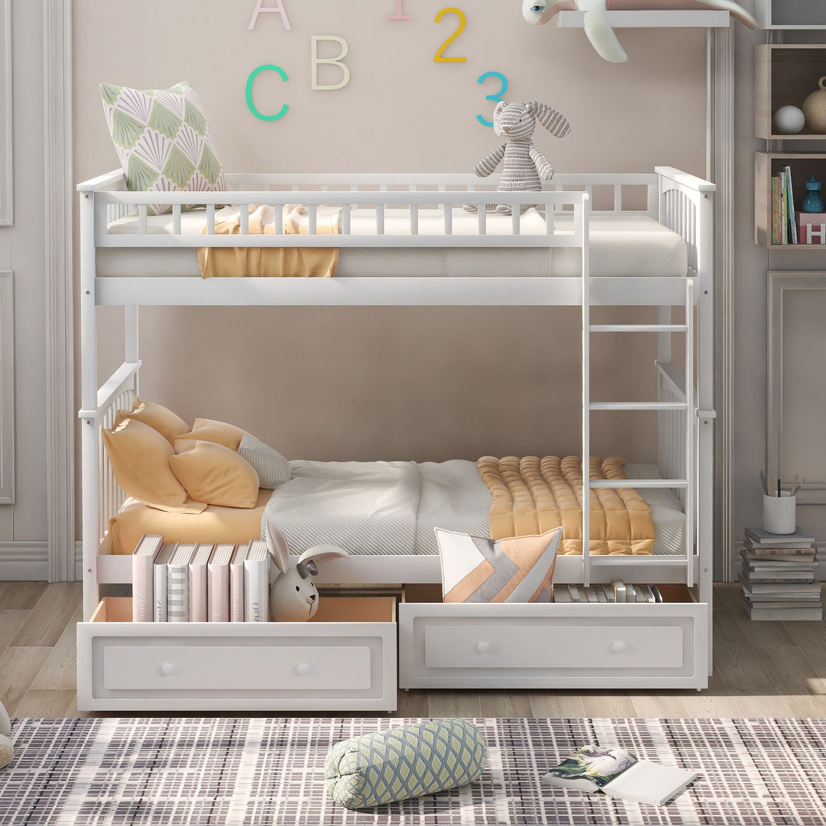 Twin Over Twin Bunk Bed with Drawers - Convertible, Solid Pine Wood - White or Dark Gray, photo 10 of 16