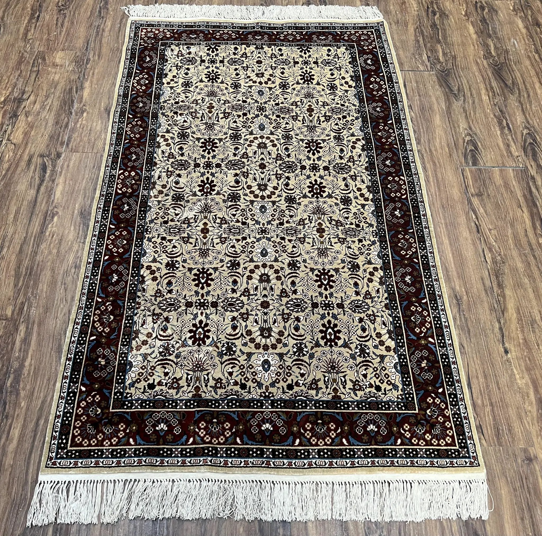 Fine Sino-Persian Silk Rug 3x5, High Quality Silk Carpet, Handmade Small Silk Rug, Allover Repeated Motif, Tan Maroon Blue Vintage Silk Rug by Jewel Rugs
