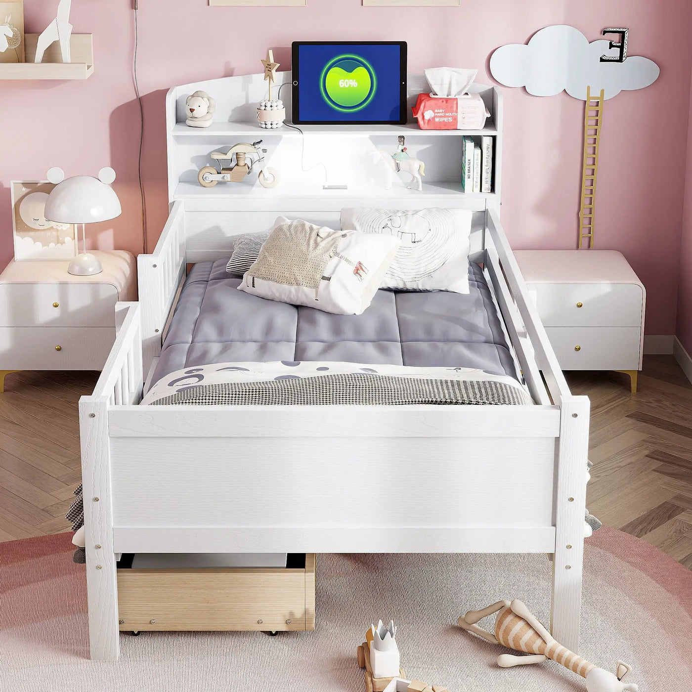 Platform Bed With LED Light, Multi Functional Headboard, Guardrail And 2 Drawers by HouseOfZazla