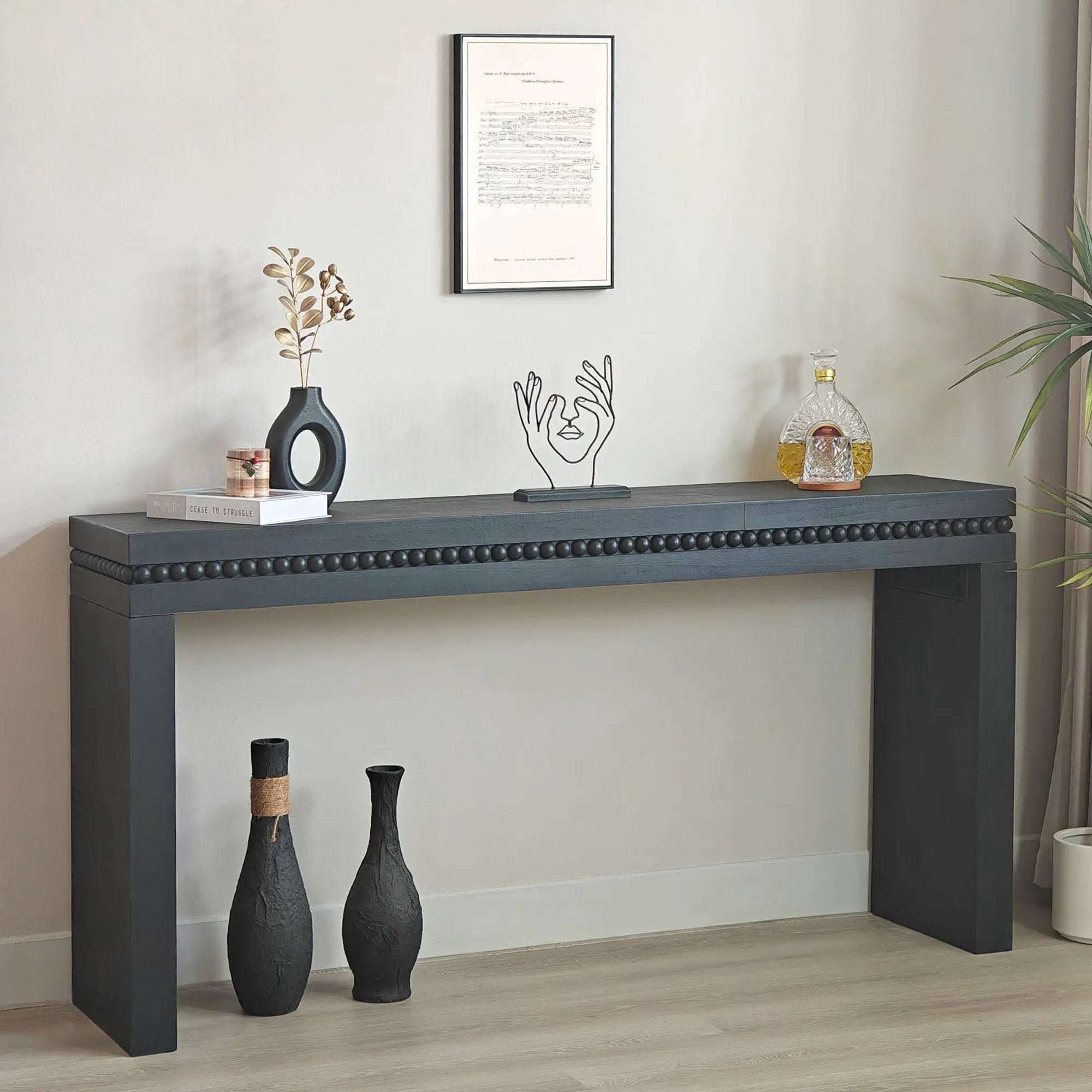 64in Modern Black Wood Console Table – Elegant Entryway Table with Decorative Beaded Trim by HouseOfZazla