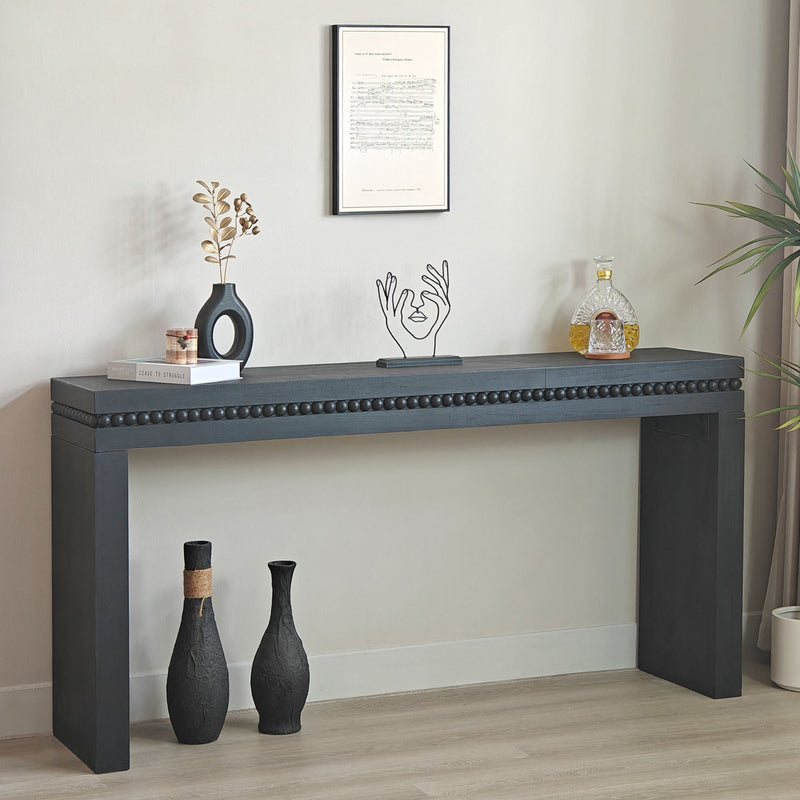64in Modern Black Wood Console Table – Elegant Entryway Table with Decorative Beaded Trim by HouseOfZazla