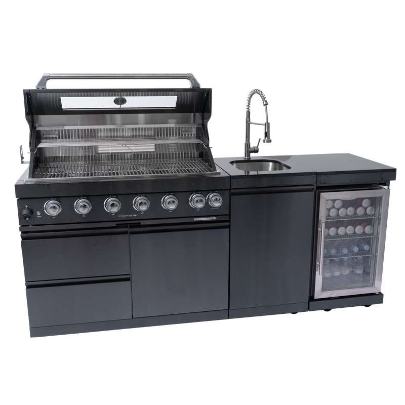 NG 85" 6-Burner 85,000 BTU Black Outdoor Kitchen Island Grill Refrigerator + Rotisserie Kit + Sink by Chery Industrial