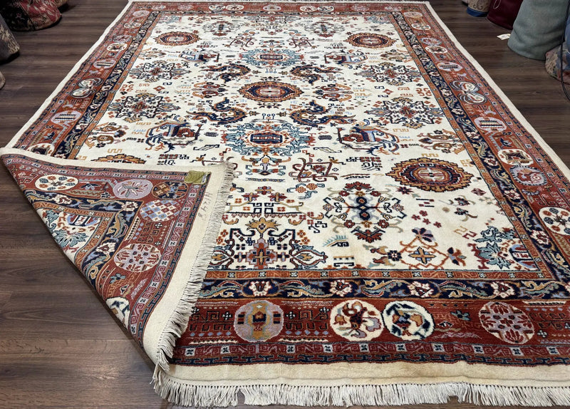 Indo Chinese Wool Rug 9x12, Ivory and Rust Red, Dragon Motifs by Jewel Rugs