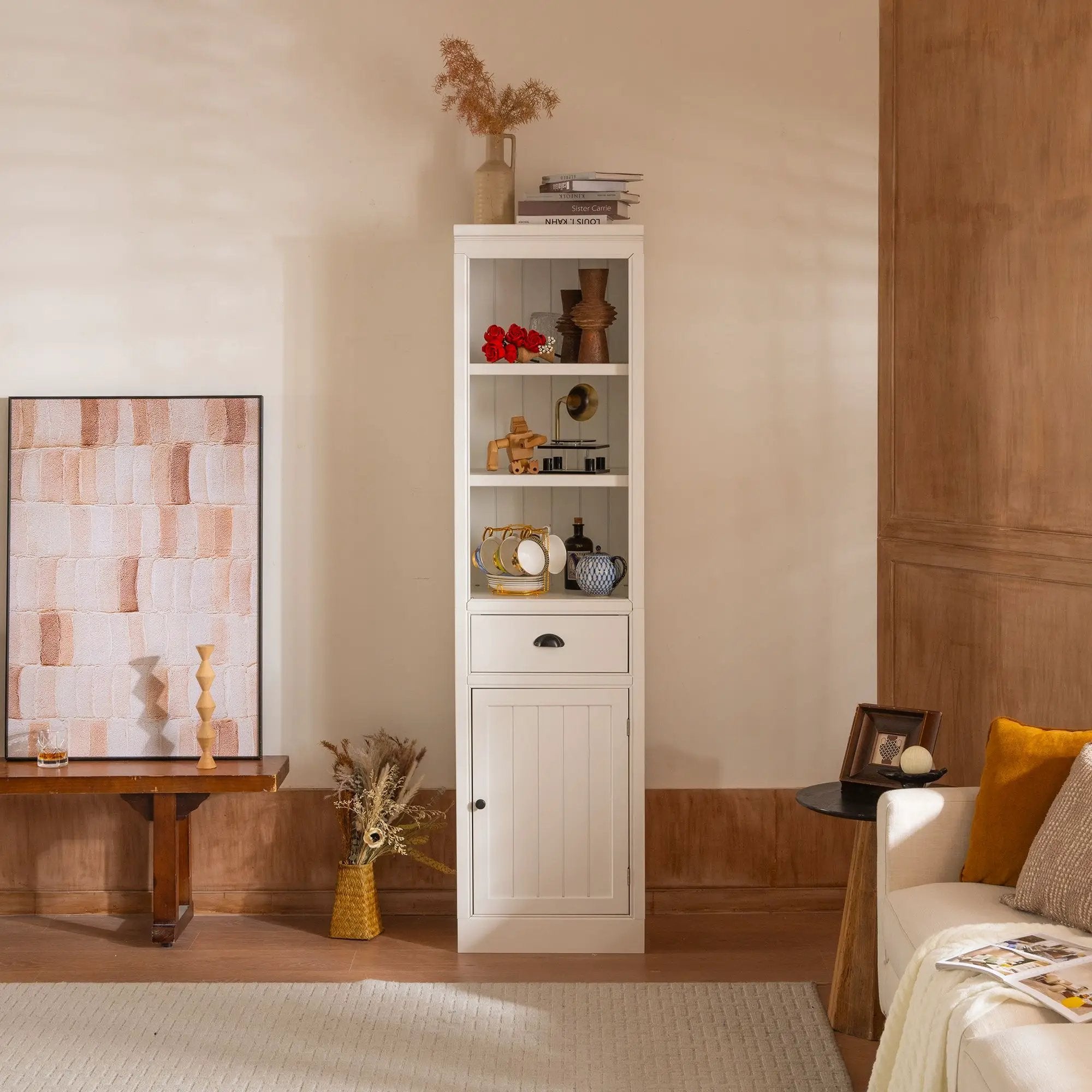 Retro Style 75'' Tall Display Shelf With Cabinet For Hallways Living Room Kitchen - White by HouseOfZazla