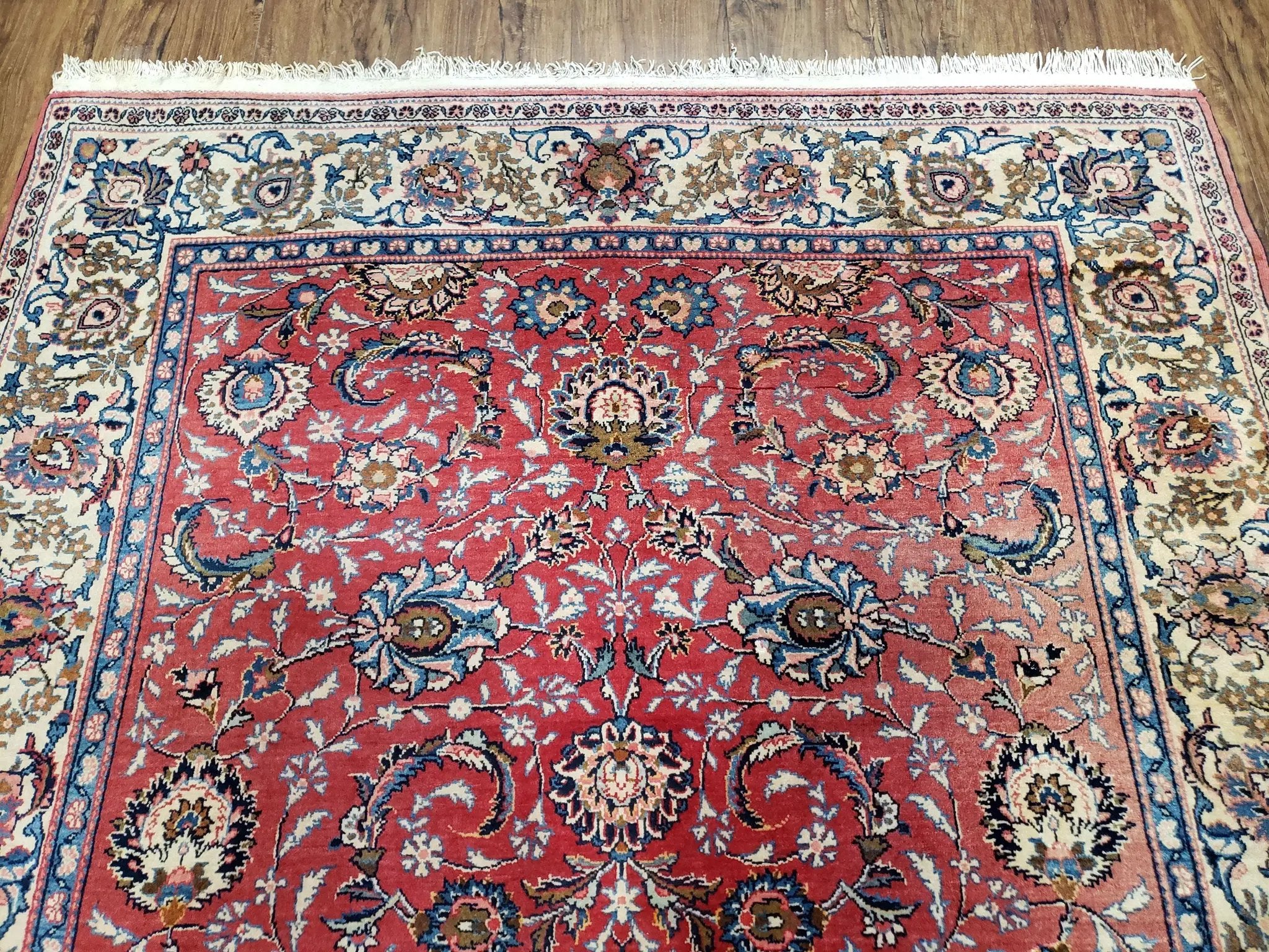 Semi Antique Persian Kashan Rug, Red & Beige, Hand-Knotted, Wool, 4'7" x 6' 6", Pair B by Jewel Rugs