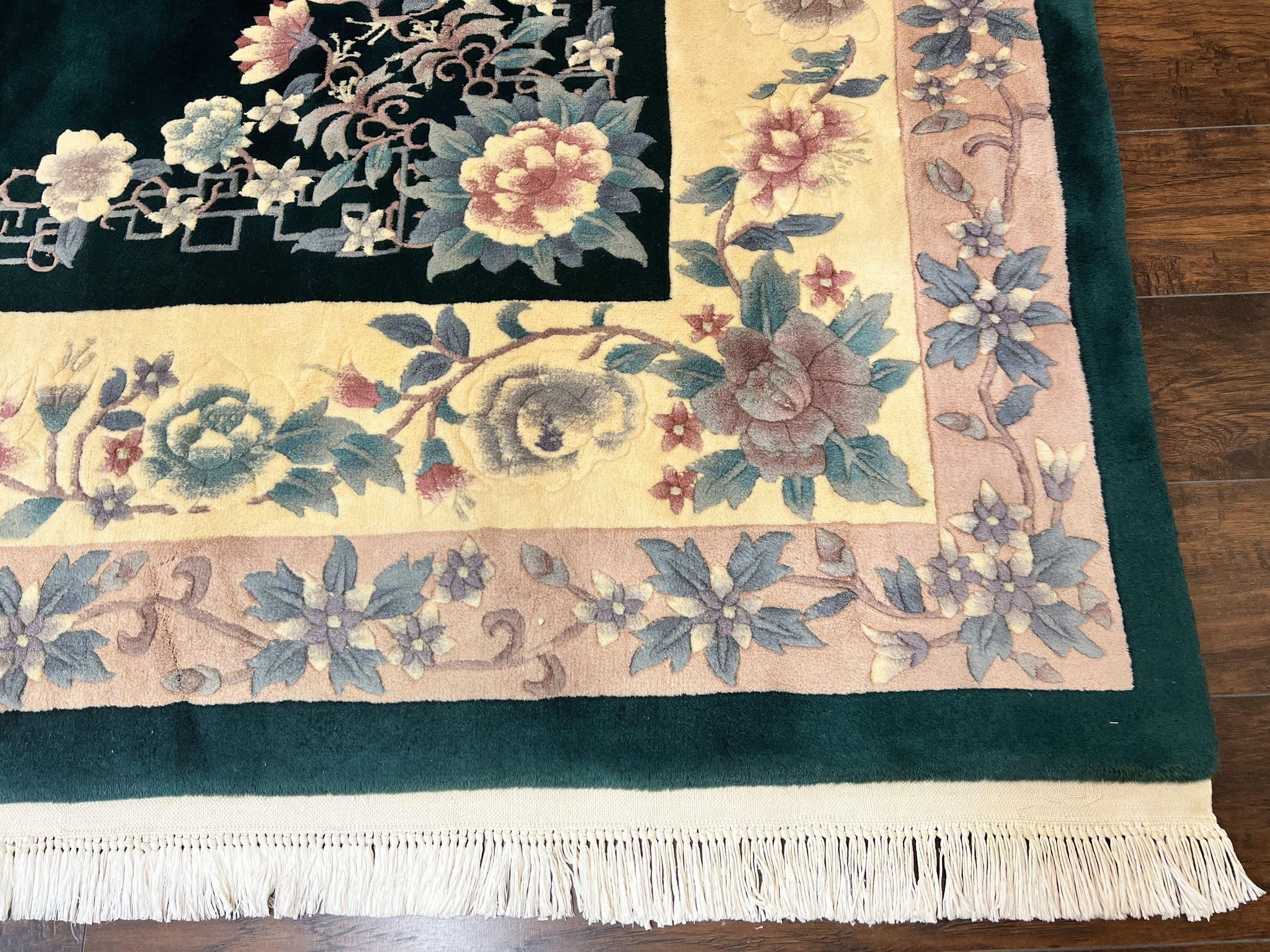 Chinese Art Deco Rug 9x12, Wool Hand Knotted Vintage Carpet, Dark Green & Cream, 90 Line Carving Rug by Jewel Rugs