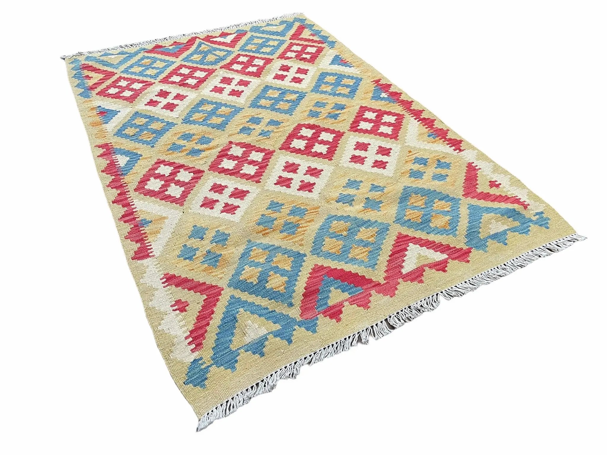 3x5 Kilim Rug Multicolor Tribal Kilim Rug 3 x 5 Tan Light Blue Red Beige New Turkish Anatolian Wool Kilim Flatweave Rug by Jewel Rugs