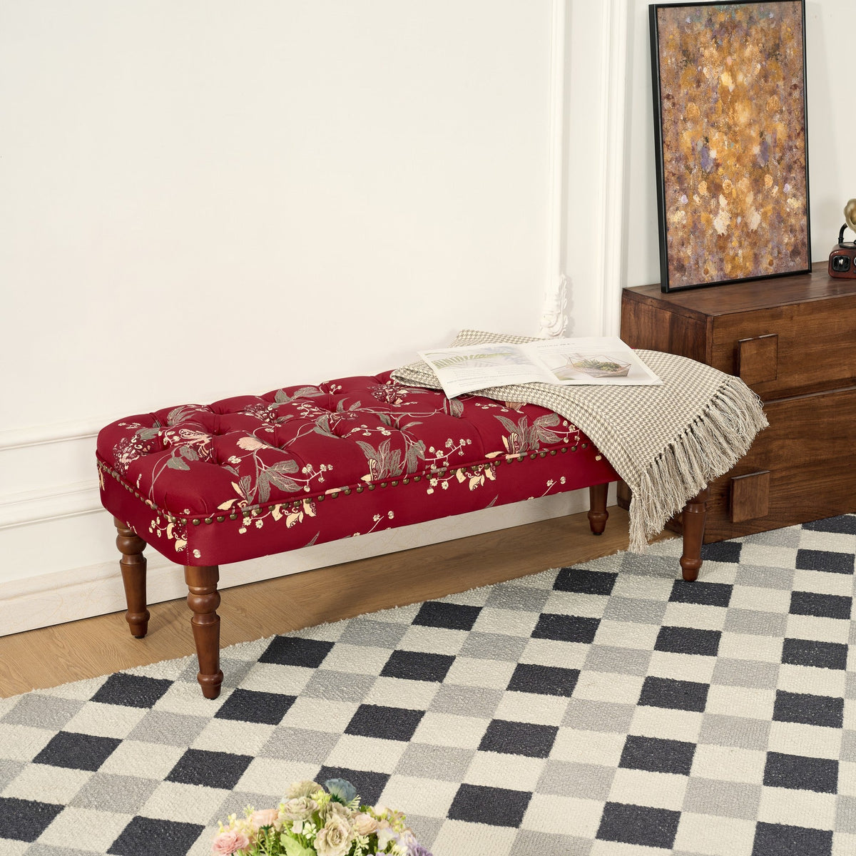 European Style Tufted Floral Bench with Turned Wood Legs - Wine Red, Green, Tiffany Blue, photo 5 of 10