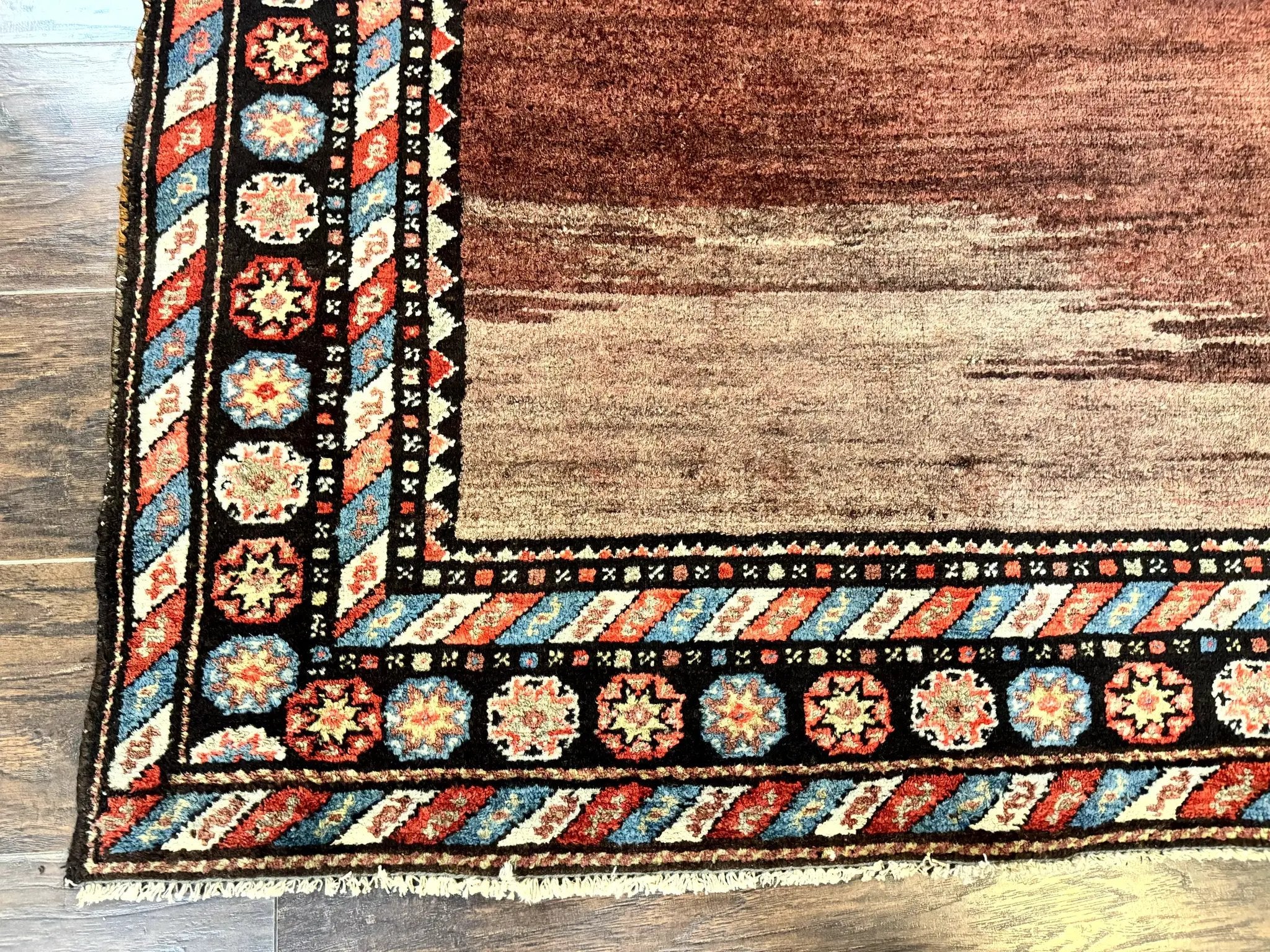 Antique Persian Rug 4x7, Sarab Tribal Wool Carpet, Brown and Multicolor, Handmade Wide Runner Rug 4 x 7, Open Field, Rainbow Border by Jewel Rugs
