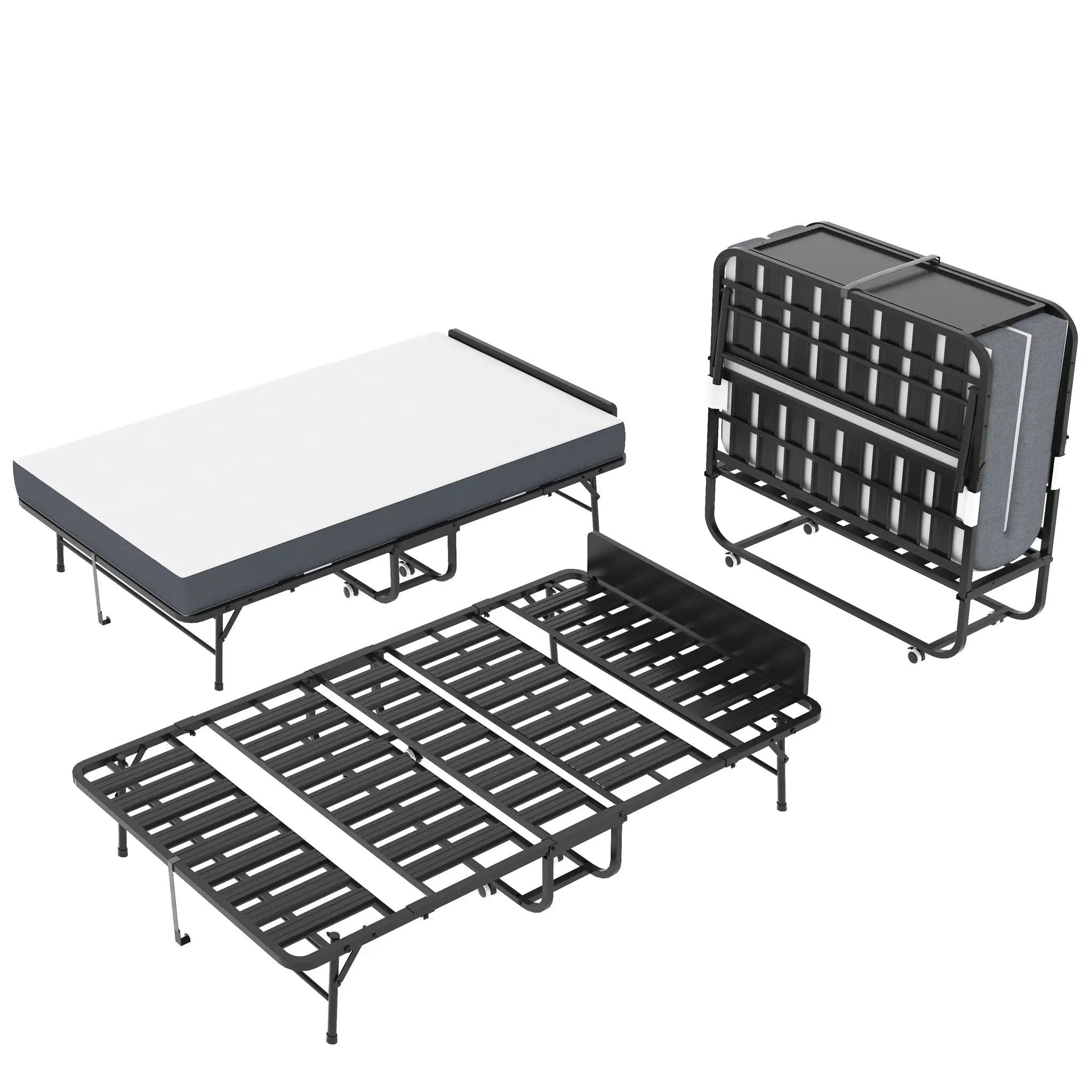 Twin Extra Long Folding Bed With Adjustable Headboard, Cot With Memory Foam Mattress - Black by Unique Piece Furniture