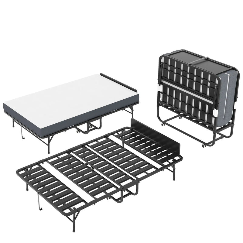 Twin Extra Long Folding Bed With Adjustable Headboard, Cot With Memory Foam Mattress - Black by Unique Piece Furniture