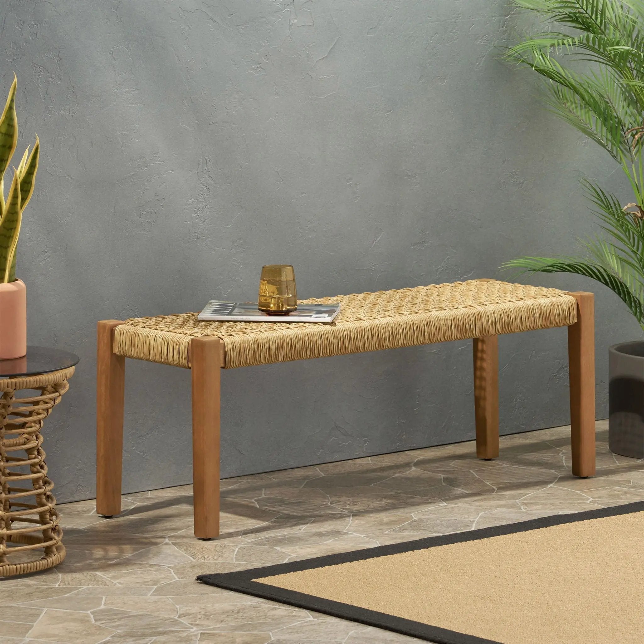 Angie Bench Outdoor Seating Acacia Wood Faux Rattan - Teak by HouseOfZazla