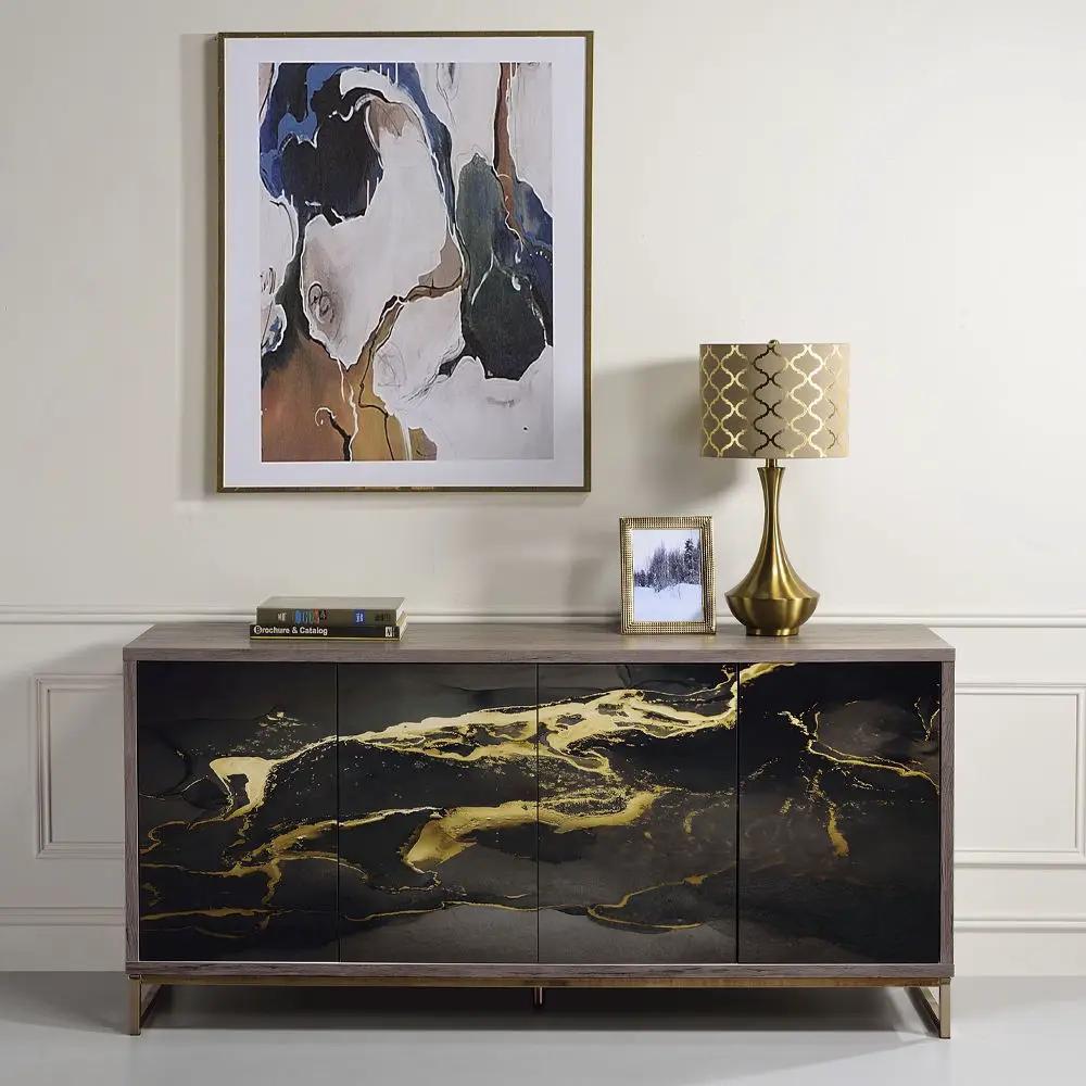 Payo - Console Cabinet - Black Marble Print Oak & Champagne by Unique Piece Furniture