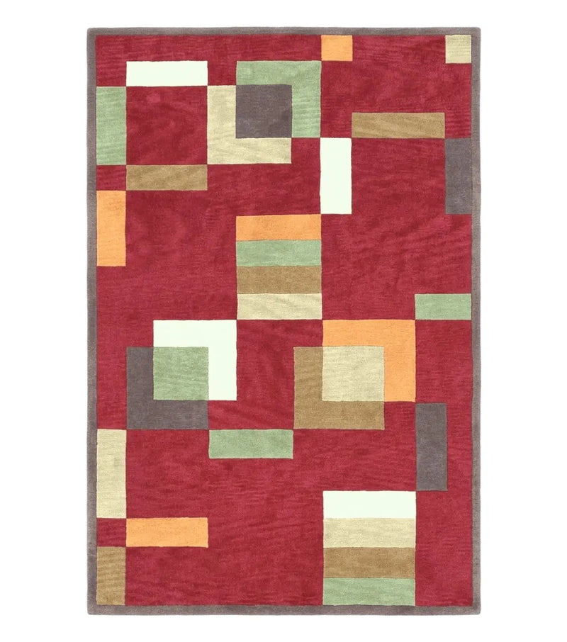 Indo Tibetan Modern Rug 5x8, Abstract Rug 5 x 8 ft, Red Multicolor Wool Handmade Contemporary Area Rug by Jewel Rugs