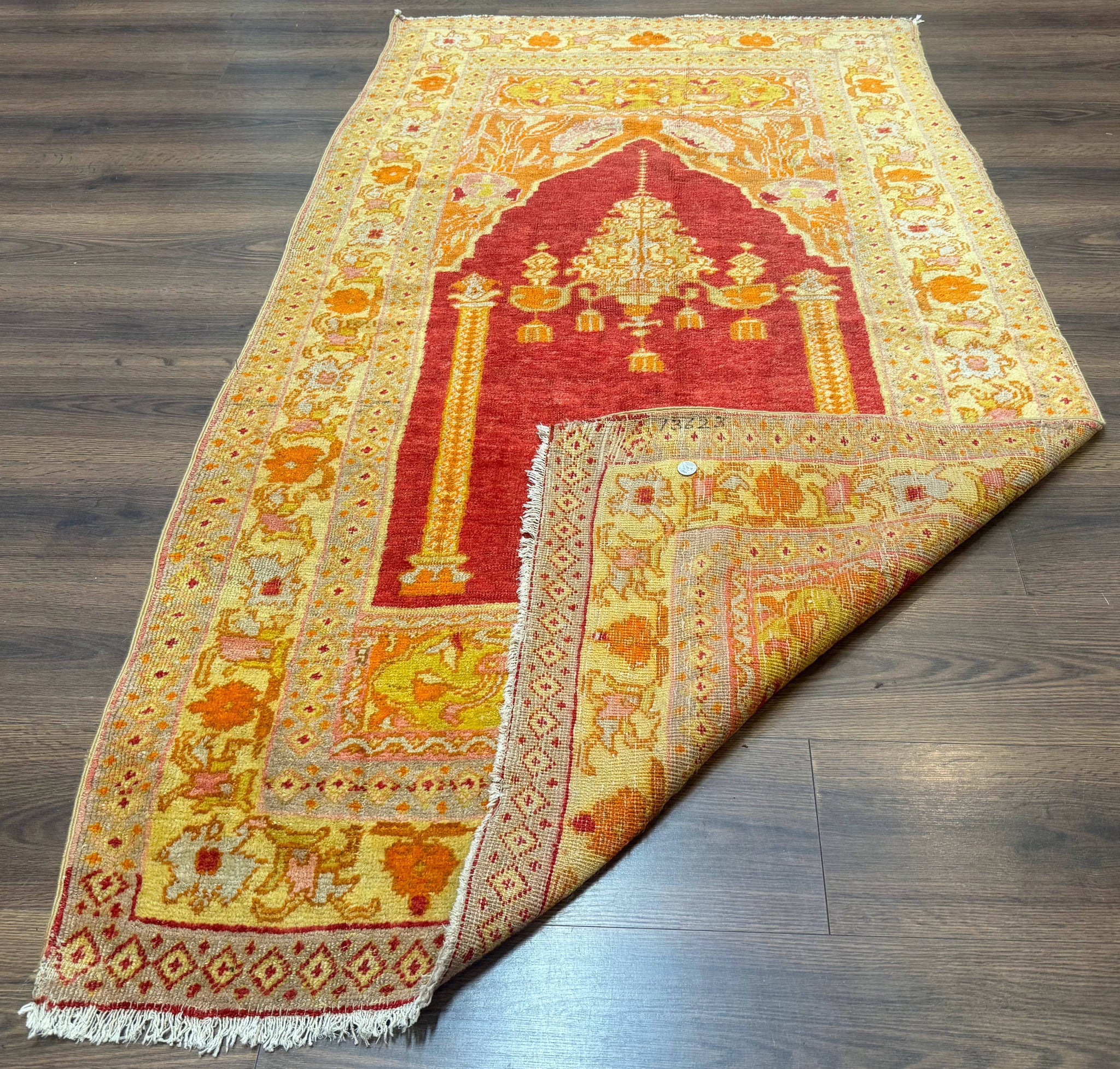 Antique Turkish Prayer Rug 4x6, Red and Golden Mustard, Mihrab Design, Anatolian Carpet by Jewel Rugs