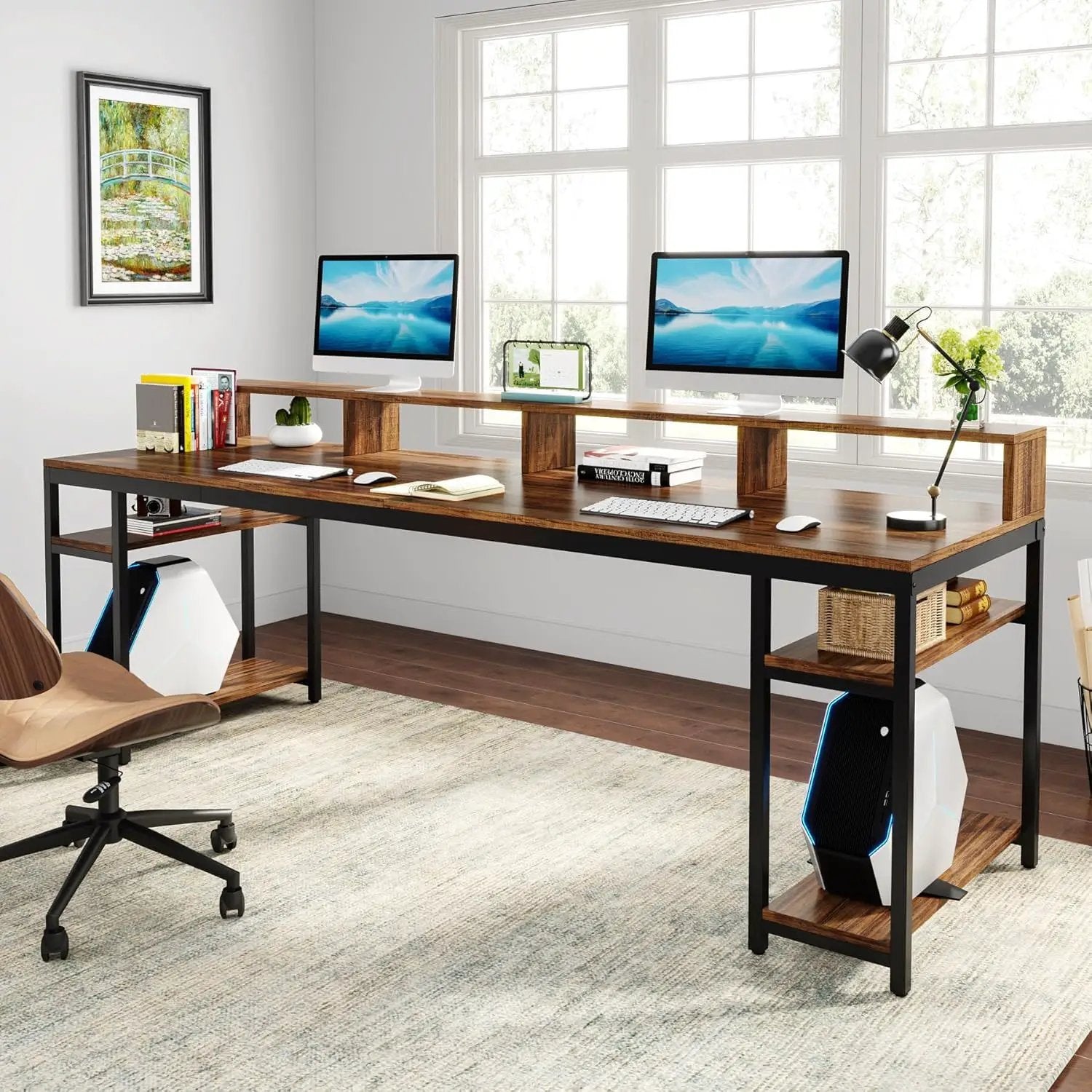 2 Person Desk With Monitor Stand, Long Office Workstation With Dual Storage Shelves And Frame - Brown / Black by HouseOfZazla