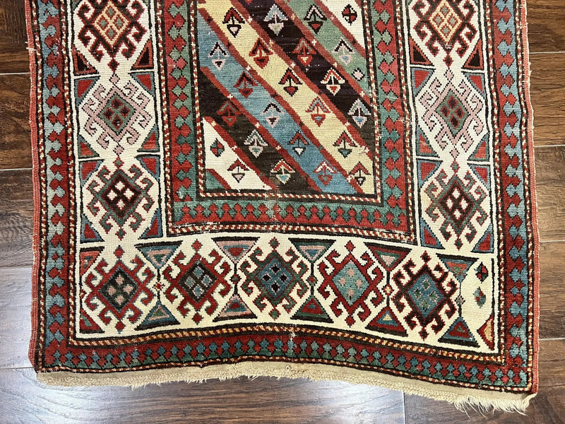 Caucasian Kazak Runner Rug 3.6 x 8, Wool Hand Knotted Antique 1880s Carpet, Ivory & Multicolor Stripes Oriental Runner Rug, Hallway Rug by Jewel Rugs