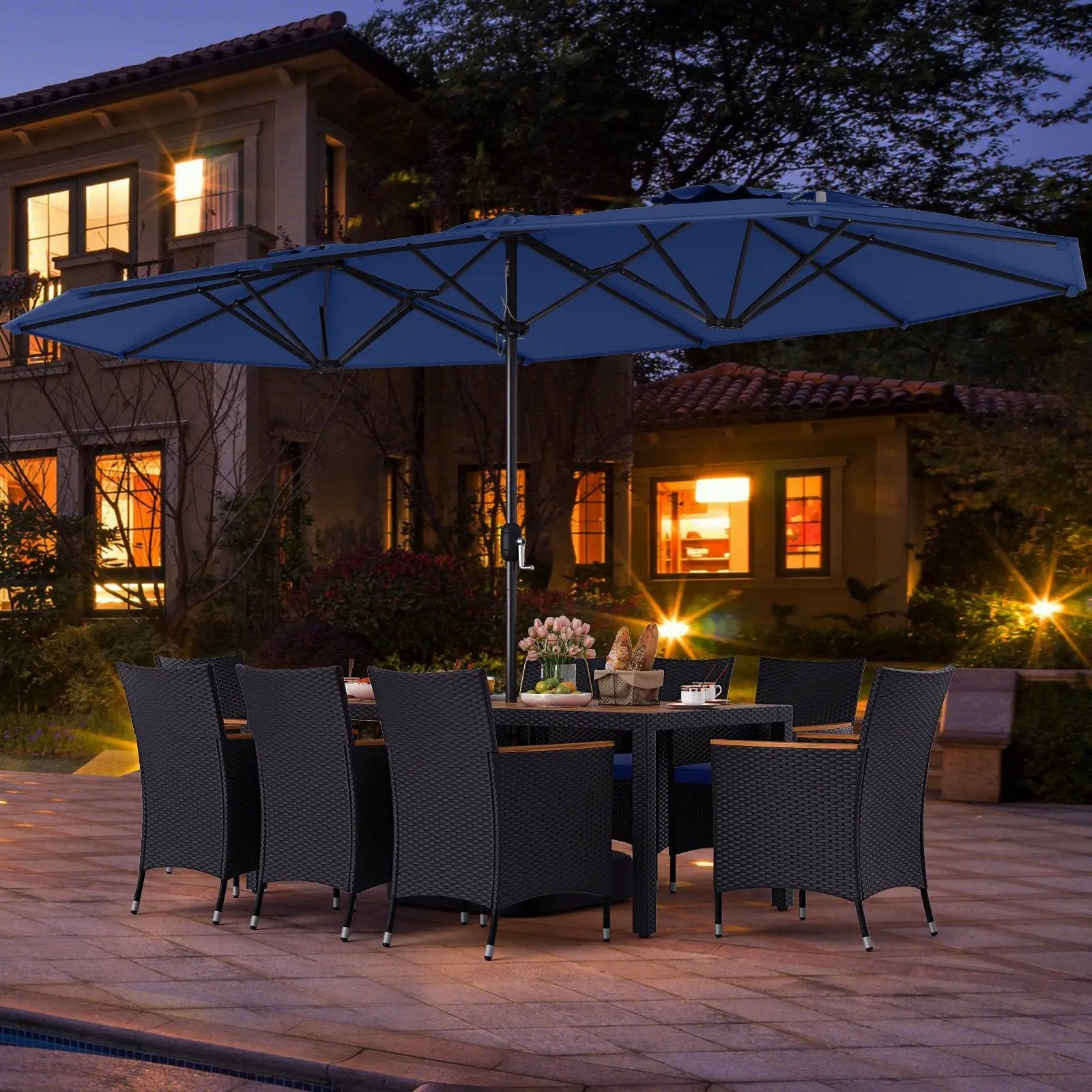 10 Piece Outdoor Patio Dining Set with 15 Feet Double-Sided Twin Umbrella by DirectDeals