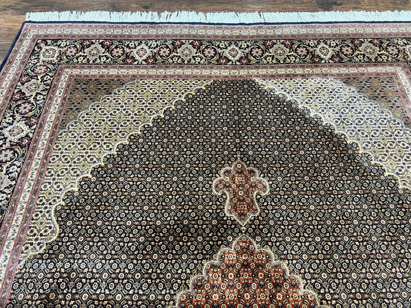 Persian Tabriz Rug 7x10, Very Fine 330 KPSI 50 Raj, Black and Beige, Handmade Wool Vintage Persian Carpet by Jewel Rugs