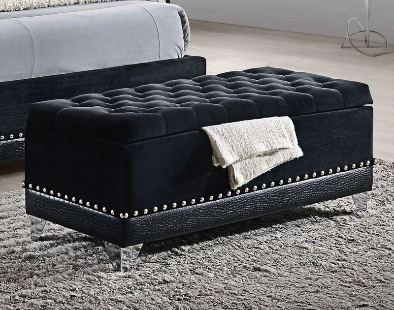 Barzini Velvet Upholstered Tufted Storage Bench Black by Unique Piece Furniture