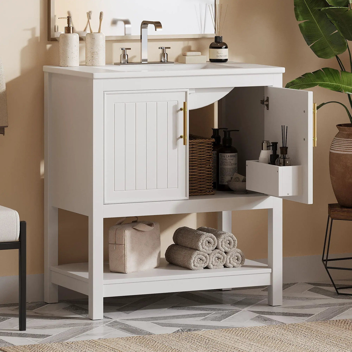 Elegant Bathroom Vanity With Ceramic Sink And Versatile Storage by HouseOfZazla