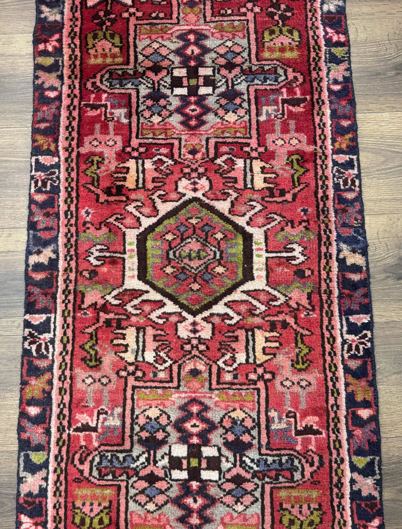 Persian Heriz Karajeh Runner Rug 2x9, Geometric Medallions, Red Navy Blue, 2 x 9 Rug for Hallway by Jewel Rugs