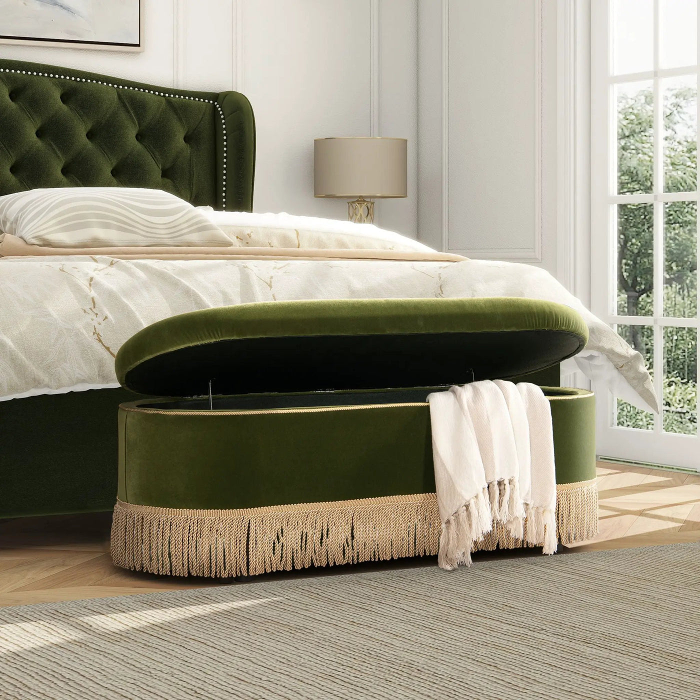 Melinda - Oval Tufted Bullion Fringe Storage Bench by HouseOfZazla