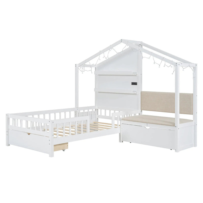 House Bed With Upholstered Sofa, Wireless Charging Station, Shelves And 2 Drawers by HouseOfZazla