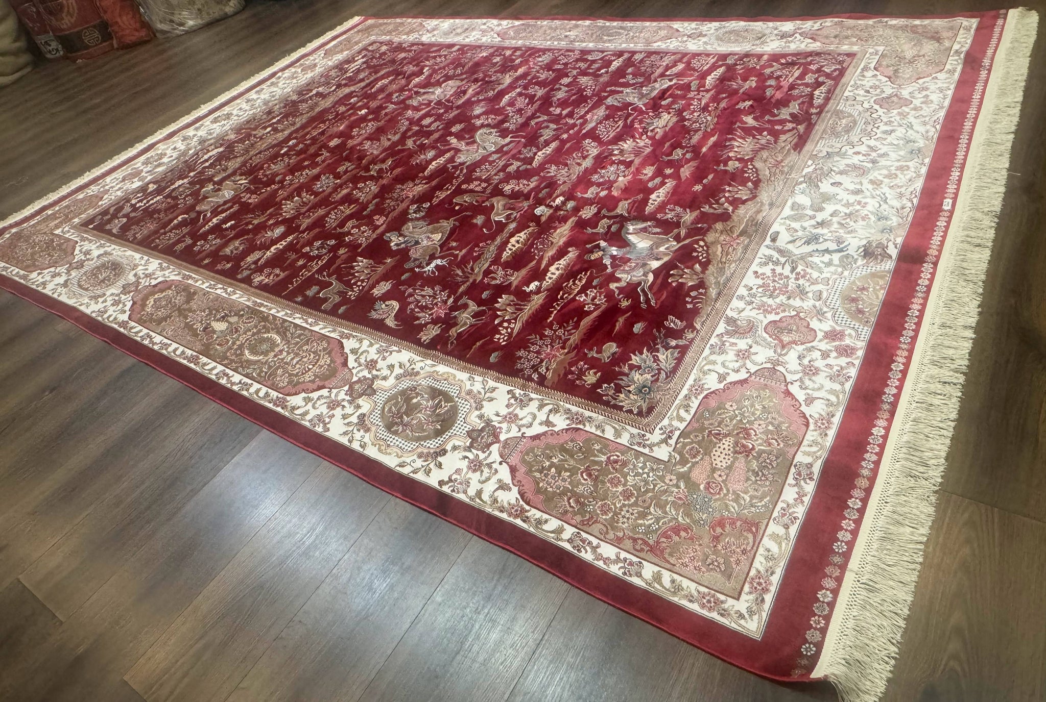 Turkish Silk Rug 8x10, Red & Ivory, Hunting Design, Bamboo Silk, New by Jewel Rugs