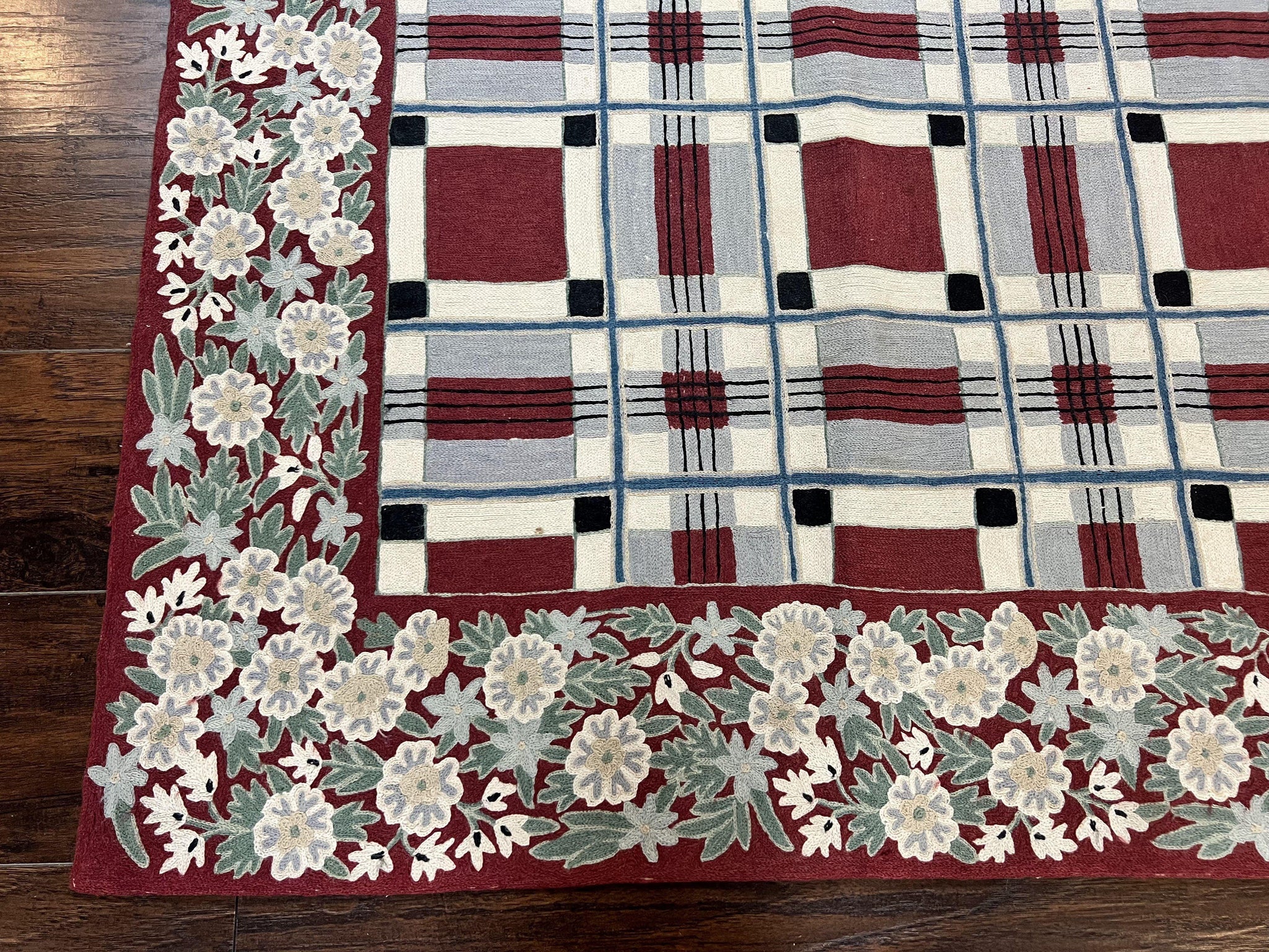 Indian Hand Stitched Rug 4x6, Vintage Carpet, Checkerboard Floral Pattern, Maroon Ivory, Flatweave, Wool by Jewel Rugs
