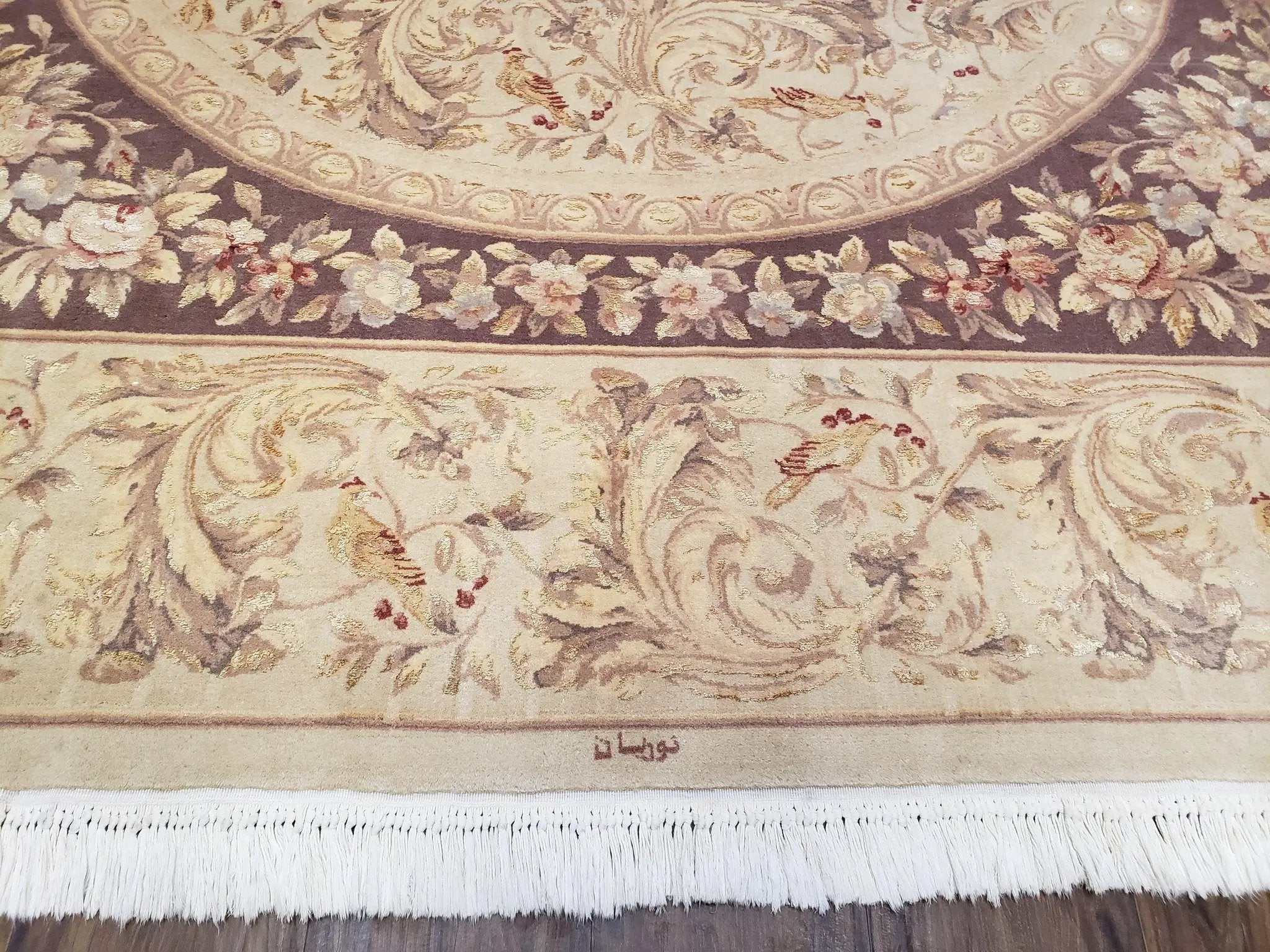 Chinese Aubusson Savonnerie Area Rug 8x12, Vintage 120 Line Carpet, Wool and Silk Hand-Knotted, Birds Flowers Master Weaver Signature by Jewel Rugs