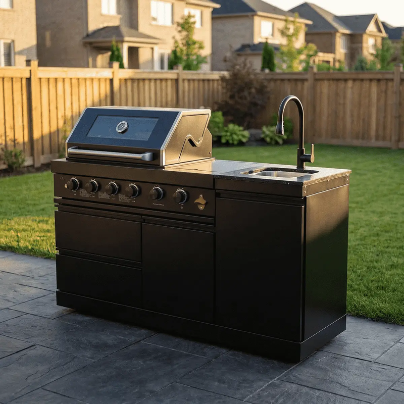 65" 4-Burner 72,000 BTU Black Outdoor Kitchen Island Grill + Round Side Burner by Chery Industrial