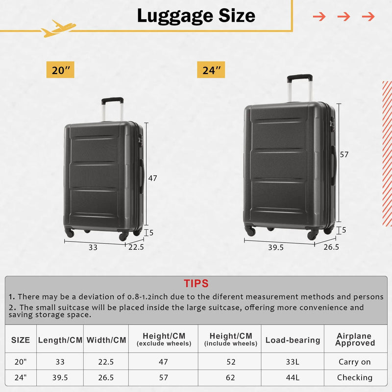 2 Piece Luggage Set With Bags Expanable Spinner Wheels ABS Lightweight Suitcase With Tsa Lock 20" / 24" by HouseOfZazla