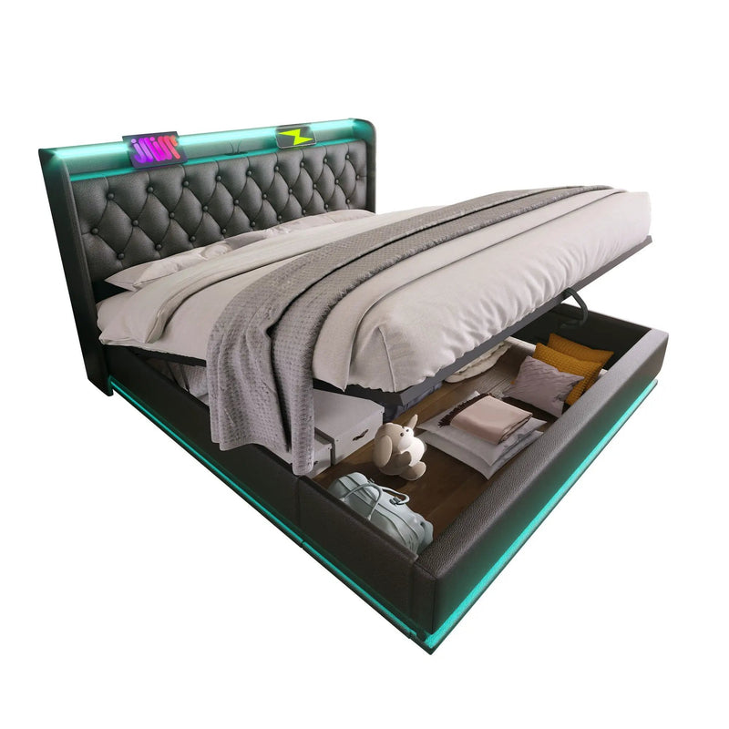 Upholstered Bed, 360 Surround LED Function, Remote Control, Hydraulic Storage Bed With USB, Type-C Charging (Without Mattress) by HouseOfZazla