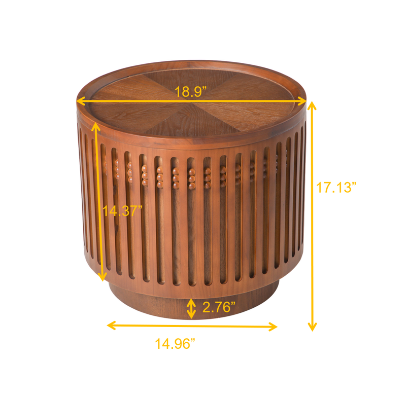 18.9" Round Wooden Side Table with Cylinder Lattice Design by HouseOfZazla