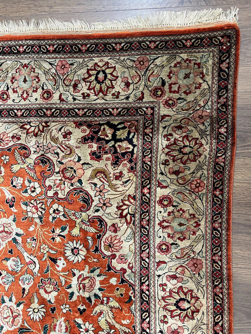 Persian Qum Silk Rug 5x7 - Floral Medallion, Birds, Orange-Red by Jewel Rugs