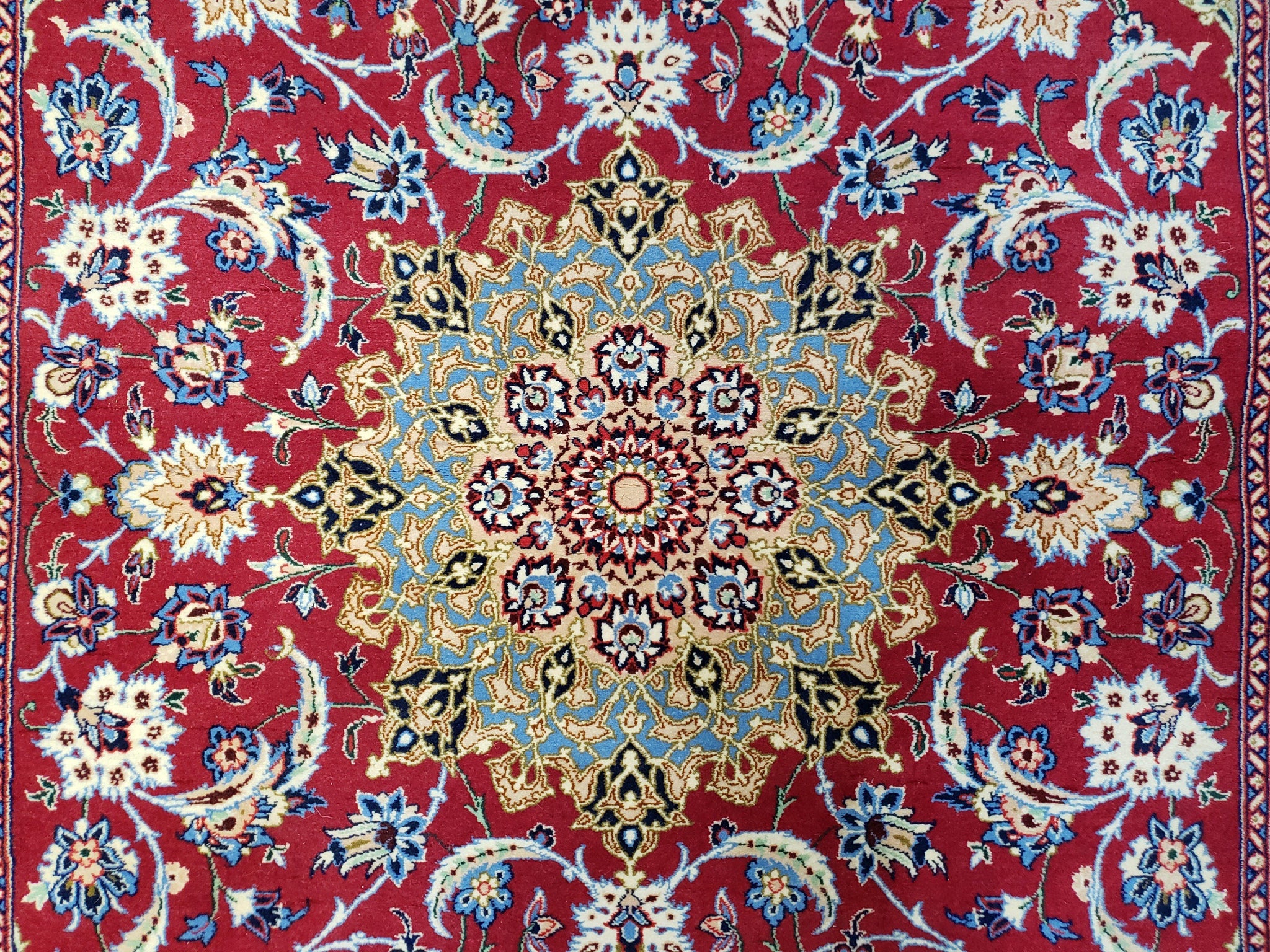 Semi Antique Persian Isfahan Rug, Kork Wool on Silk Foundation, Red & Blue, Top Quality, 3'6" x 5' 6" by Jewel Rugs