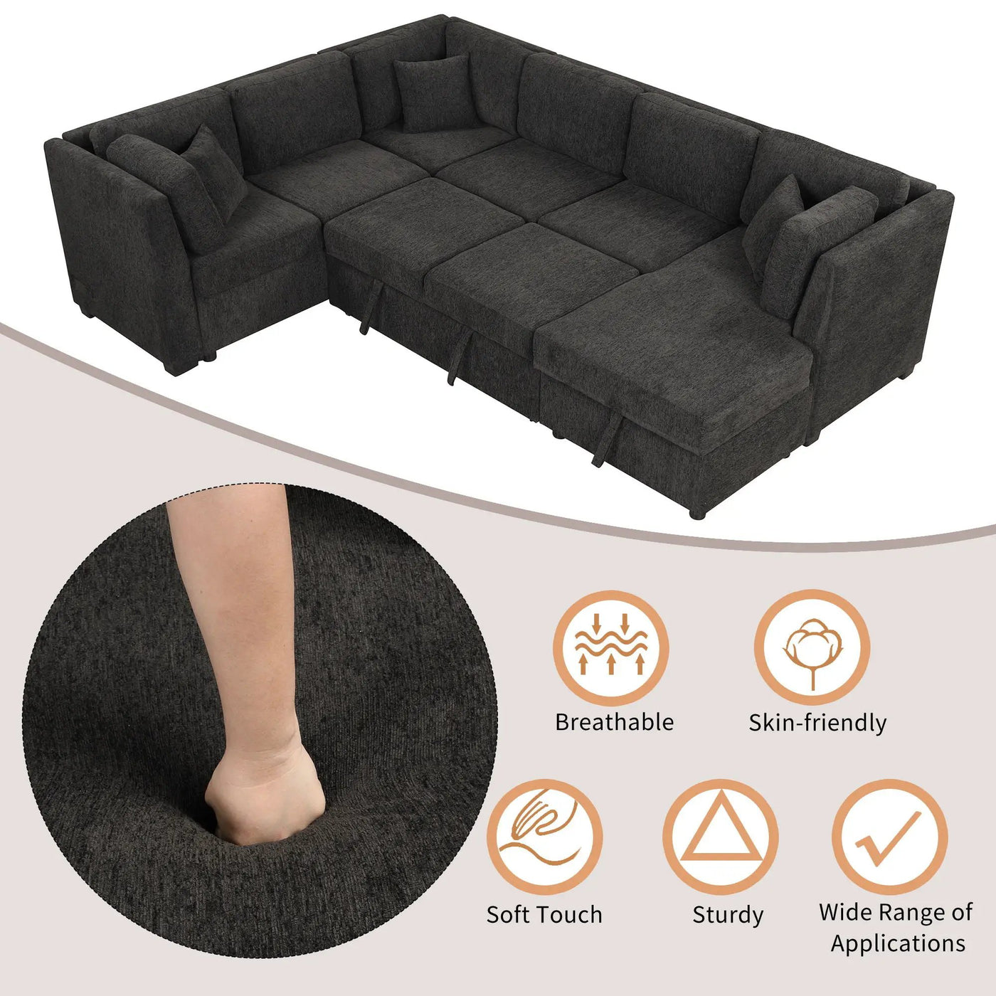 U-Shaped Sectional Sofa Pull Out Sofa Bed With Two USB Ports, Two Power Sockets, Three Back Pillows And A Storage Chaise For Living Room by HouseOfZazla