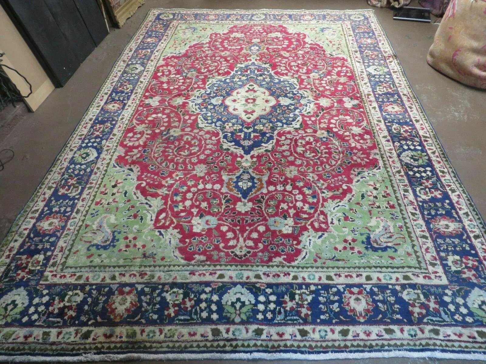 Persian Tabriz Rug 7x10, Red Blue and Green Rug, Allover Floral Medallion Rug, Hand Knotted Rug, Antique Rug 7 x 10 Vintage Wool Oriental Carpet by Jewel Rugs