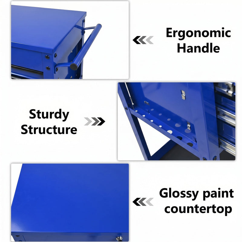 3 Drawers Multifunctional Tool Cart with Wheels and Steel Top - Blue & Black by HouseOfZazla